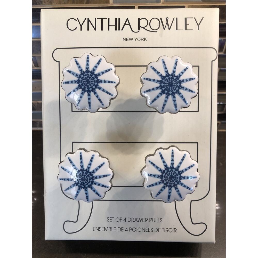 Ceramic Cabinet Knobs Cupboard Drawer Pull Set of 4 Ivory Blue Cynthia Rowley